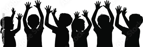 Diverse group of children silhouettes with raised hands in black and white kids