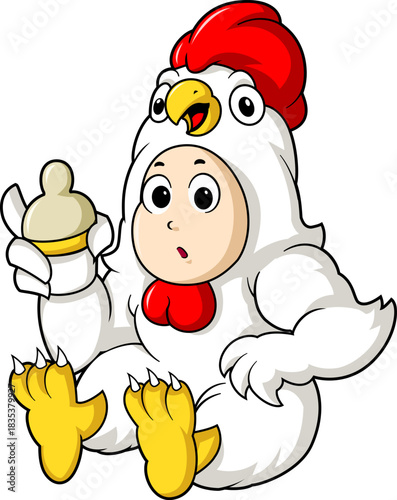 Cute Baby in Chicken Costume Holding Bottle