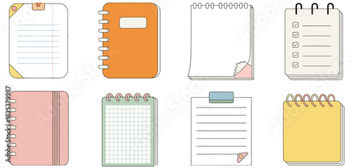 Notepad Sheets Featuring Checklists, Grid Pages, and Lined Paper in Versatile Layouts Presented as Clean Organizational Vector Illustration for Planning and Creative Design Use