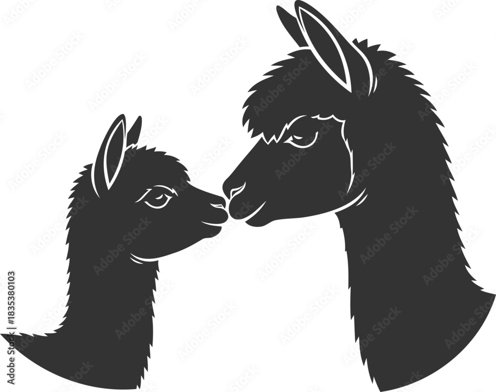 Naklejka premium Caring alpaca pair silhouette adult and baby bond