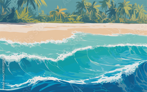 Vibrant vector scene of turquoise ocean waves crashing onto a sandy tropical beach lined with lush palm trees