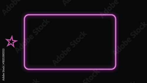 Pink Neon Rounded Rectangle Frame with Small Star on Black Background.