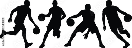 Dynamic basketball player silhouettes dribbling and moving in action poses, perfect vector illustration for sports design, training, and athletic concepts.