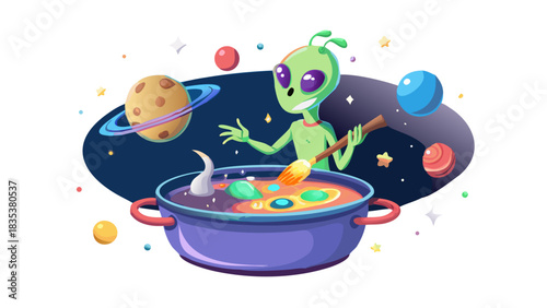 A cartoon alien chef stirring glowing galaxy soup inside a floating pot, stars and planets orbiting around the dish