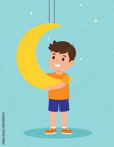 A smiling young boy holds a large, yellow crescent moon suspended from above.