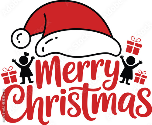 Red Santa hat with black silhouette children and red gift boxes saying Merry Christmas vector