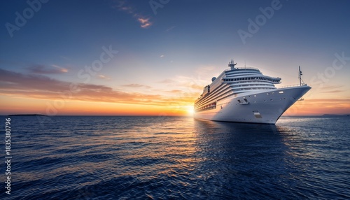 Majestic Cruise Ship Sailing on Calm Ocean During Golden Sunset.
