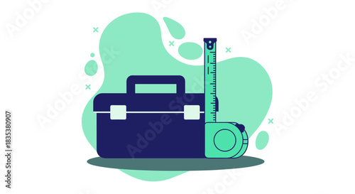 A toolbox and measuring tape are depicted in a vector illustration with a simple design and a modern color palette, ideal for various design projects.