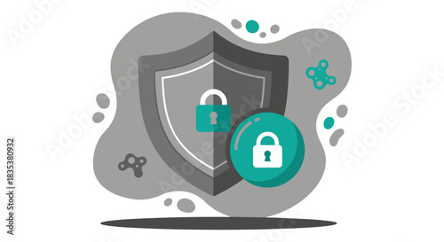 A digital illustration depicts a shield with padlocks, symbolizing cybersecurity and data protection against threats in the digital age, on a white backdrop.