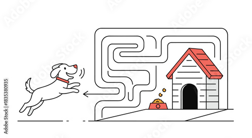Cute white cartoon dog jumping towards a maze leading to its doghouse and food bowl.