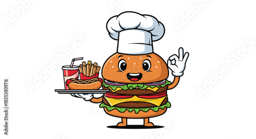 Cartoon chef burger holding a tray with fast food and giving an ok sign.