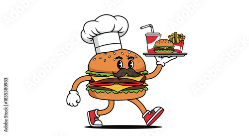 Cartoon chef hamburger character walking with a tray of fast food and a drink.