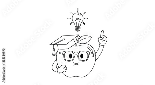 Cartoon apple wearing graduation cap and glasses, having a bright idea with a lightbulb above its head.