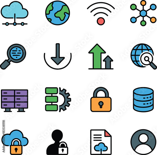 Set of 12 flat design icons for technology and data management cloud computing network