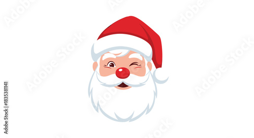 Close up illustration of Santa Claus winking with a red nose and hat.