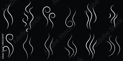 Smoke steam silhouette icon in flat style, filled black symbol. Wind air line icon. Vector blow smoke, wave swirl illustration. Wind air flow. Fresh doodle line cartoon icon.  Weather windy hand drawn