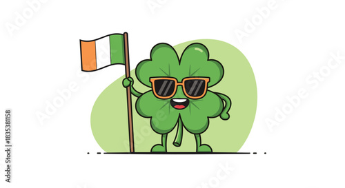 Cute cartoon four-leaf clover wearing sunglasses and holding the Irish flag.