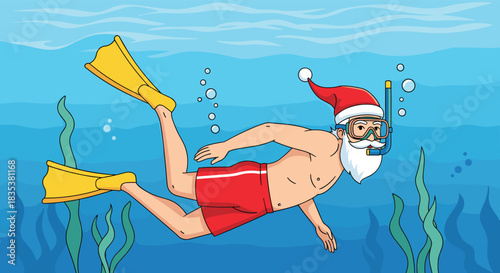 Santa Claus wearing a snorkel and flippers swimming underwater with seaweed and bubbles.