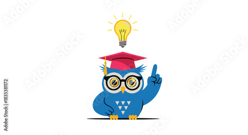 A wise blue owl wearing a graduation cap and glasses has a bright idea symbolized by a lightbulb above its head.