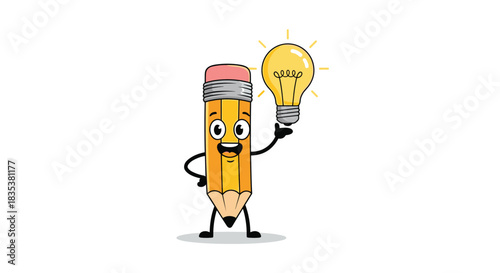 Cute cartoon pencil character holding a glowing lightbulb to represent an idea.