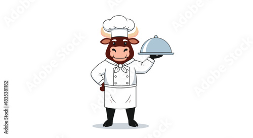 Cartoon bull wearing a chef hat and uniform, holding a silver serving cloche on a white background.