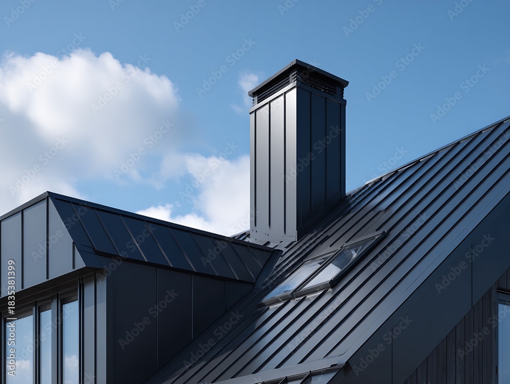 Obraz premium Modern Black House Exterior With Metal Roof Against Bright Blue Sky And Clouds