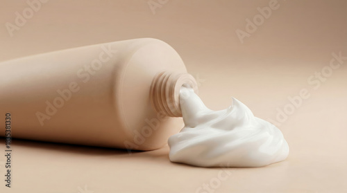 Beige cosmetic tube squeezing out cream texture on beige background