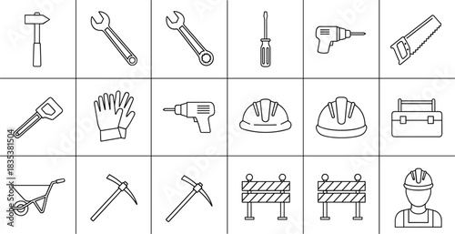 Construction tools icon set, safety gear, helmet, drill, wrench, pickaxe, toolbox, worker, black line art, engineering equipment vector