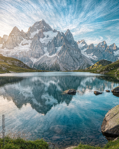 Dramatic Alpine Mountain Range Reflected in Calm Blue Lake Landscape