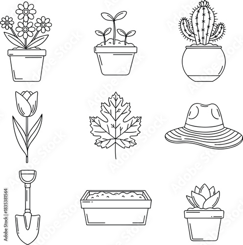 Gardening icon set, potted plants, cactus, tulip, leaf, trowel, planter, hat, black line art, nature vector illustration