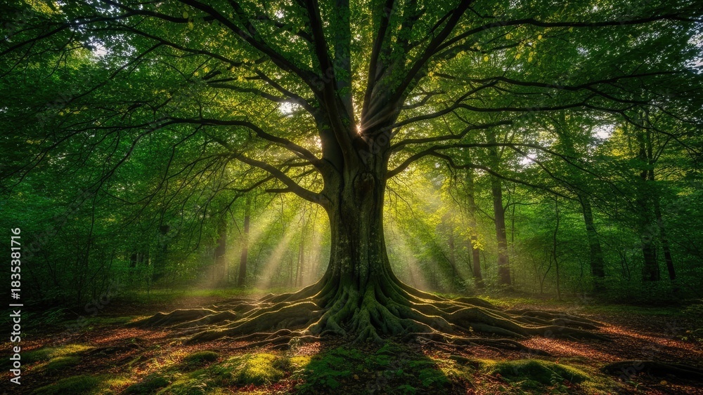 Obraz premium Majestic tree with sprawling roots and sunlight filtering through the forest canopy.