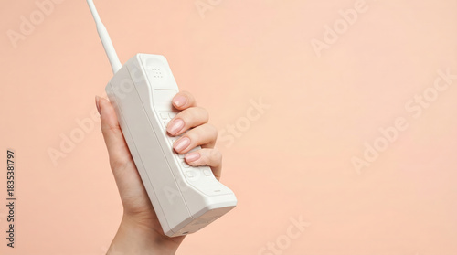 Woman holding large vintage white brick mobile phone against peach background