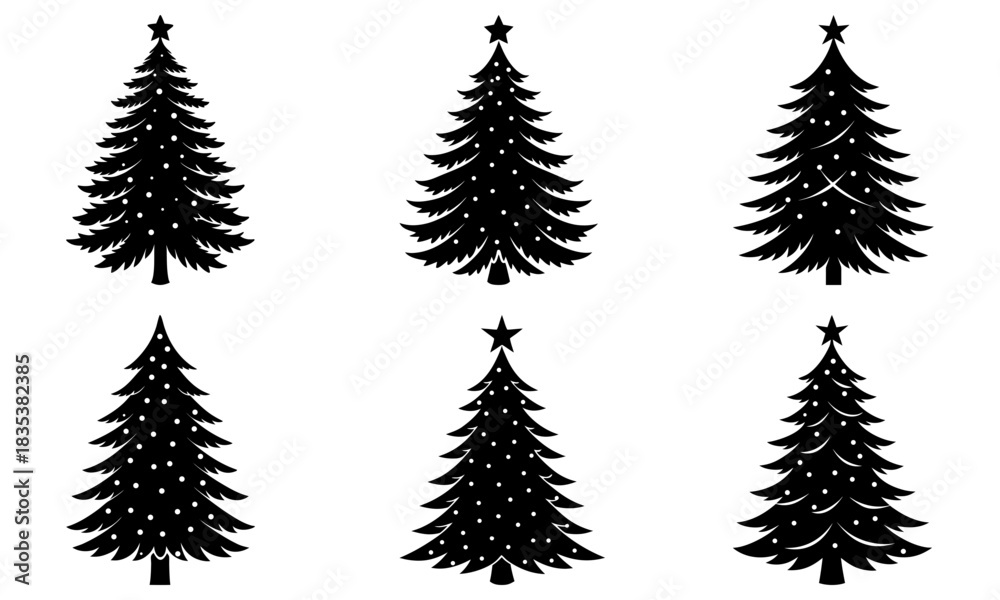 Obraz premium Six christmas trees in black silhouette with star toppers and decorative lights on a white background scene