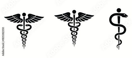 Healthcare and pharmacy icon set, vector symbols including medical cross, caduceus, Rod of Asclepius, Star of Life, Bowl of snake and rod for medical design projects