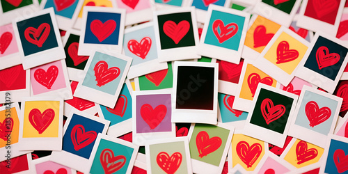 Sfondo con istantanee raffiguranti cuori rossi disegnati grossolanamente e spazio vuoto