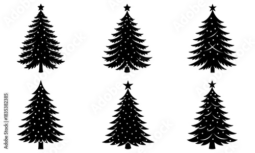 Six christmas trees in black silhouette with star toppers and decorative lights on a white background scene