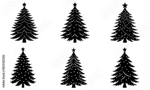 Six christmas trees with star toppers in black silhouette arranged in two rows of three trees each