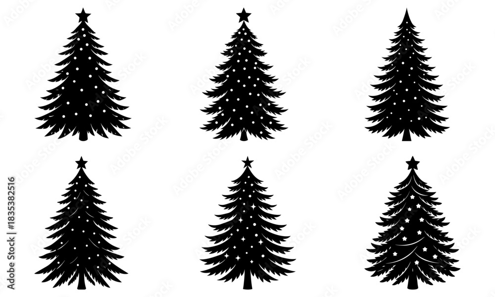 Obraz premium Six silhouette christmas trees with star toppers and decorative lights in a black and white vector image