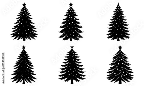 Six silhouette christmas trees with star toppers and decorative lights in a black and white vector image