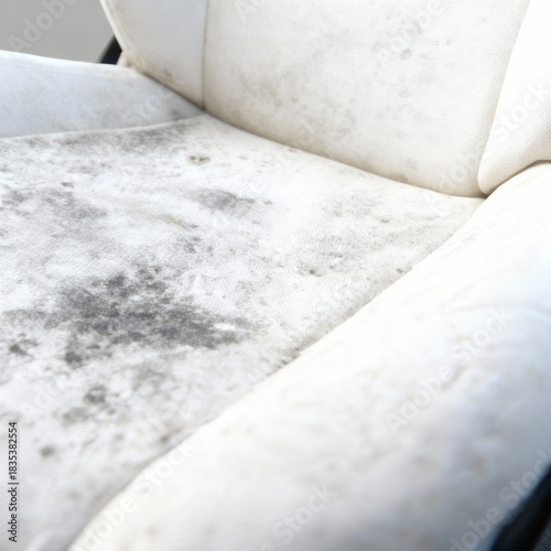 Mold mildew fungus growth on white fabric armchair cushion close up household problem