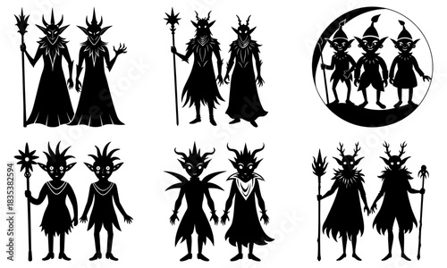 Silhouetted figures of horned creatures and elves in various poses and groupings on a white background