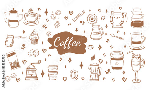 Coffee Doodle Icon Set | Hand-Drawn Coffee Cups, Beans, Drinks & Cafe Elements Illustration