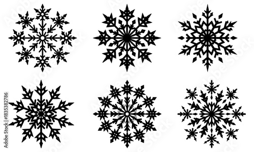 Collection of six intricately designed black snowflake illustrations on a white background display
