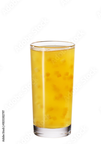 A close-up of a drink with fruit additives and fruit cubes floating in a slightly cloudy clear liquid.