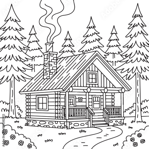 Cozy log cabin surrounded by pine trees with smoke coming from chimney
