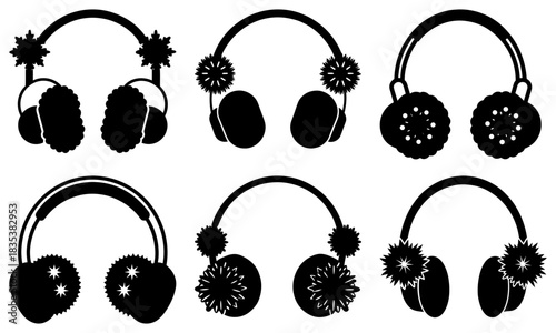 Collection of six earmuff designs in black silhouette with various decorative details and headband styles