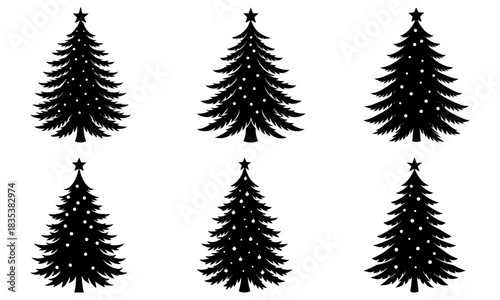 Six black christmas trees with star toppers and white ornaments on a white background in a vector image