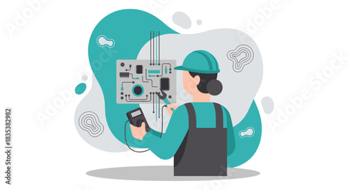 A female electrician wearing a hard hat and overalls is shown using a multimeter to troubleshoot an electrical panel in a stylized, modern illustration.