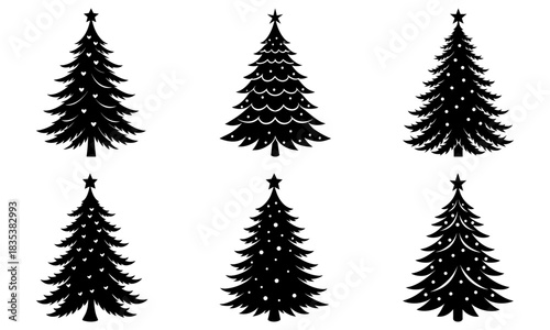 Collection of six stylized christmas trees in black silhouette with star toppers and decorations design element