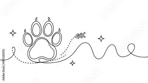Creative continuous line art drawing depicting a charming pet paw print journey with dotted path and sparkling stars